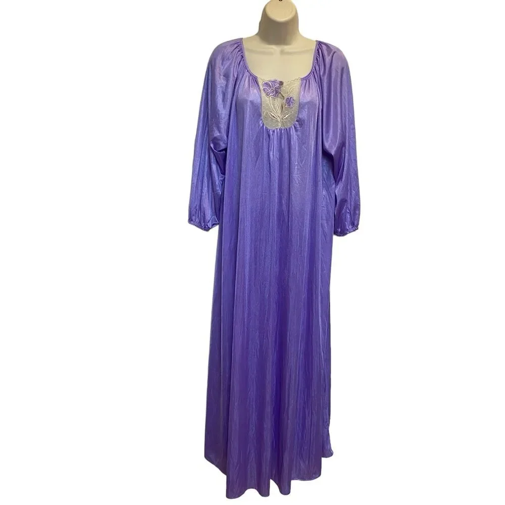 Vintage Milco New York Long Nightgown Nightdress Lavender Lace Floral Inset OS